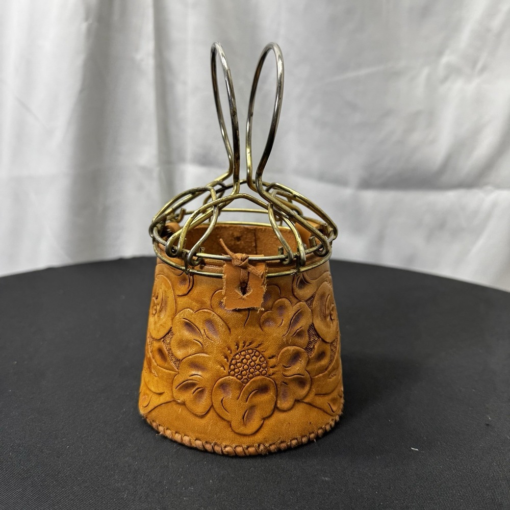 Vintage Leather Hand Made Drink Holder Or Handled Bag‎